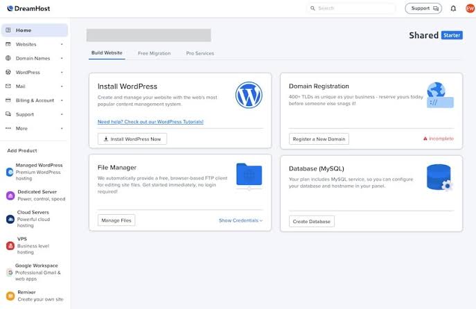 Dreamhost user interface
