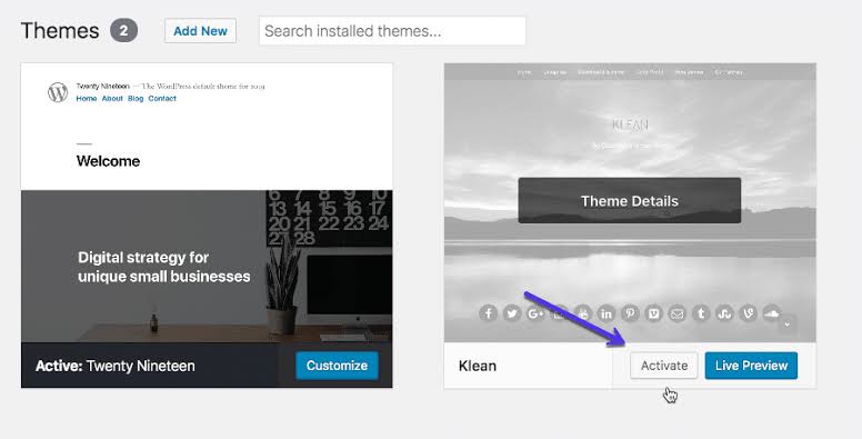 Activating installed WordPress theme
