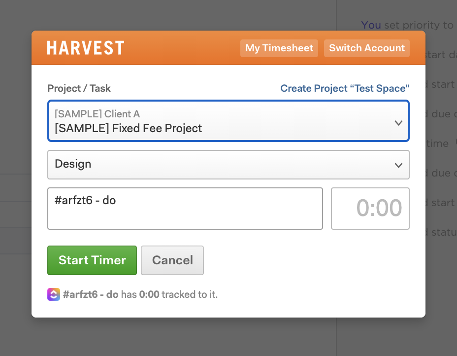 Harvest Timer Tracking tool